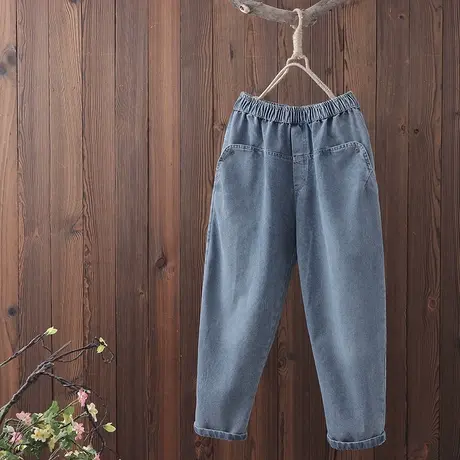 复古水洗纯色牛仔九分裤女文艺范宽松松紧腰休闲哈伦裤女秋季新款图片