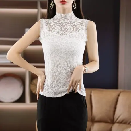 春秋韩版大码胖mm立领网纱打底衫精致内搭无袖上衣女气质蕾丝衫商品大图