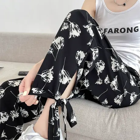 冰丝速干哈伦裤女夏季薄款高腰宽松显瘦印花九分休闲凉凉灯笼裤潮商品大图
