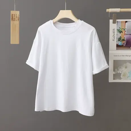 2023新款夏装简约百搭纯色圆领T恤女短袖宽松纯棉体恤衫透气上衣图片