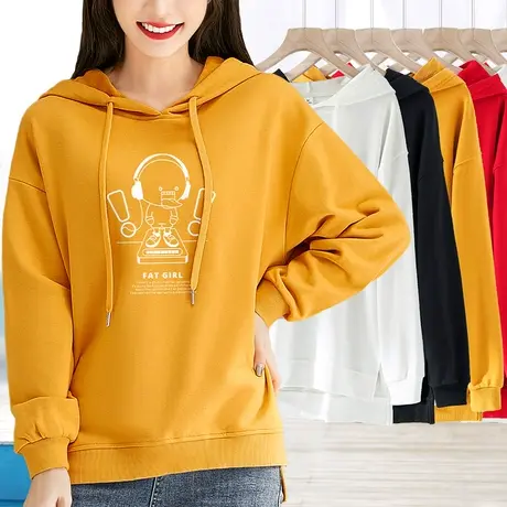 印花卫衣女春秋套头长袖2023新款宽松百搭连帽打底衫下摆开叉秋装商品大图