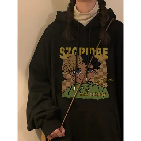 美式复古设计感连帽卫衣女秋冬加绒加厚ins潮牌高街宽松大码外套商品大图