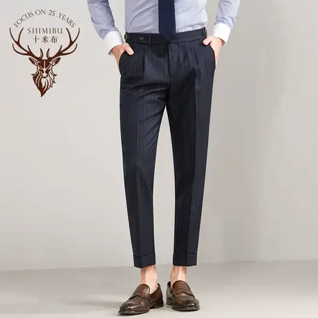 十米布那不勒斯西裤男羊毛条纹裤子商务修身可调节松紧巴黎扣设计商品大图