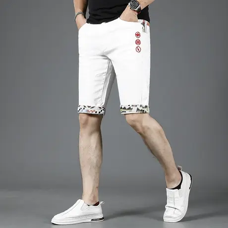 美式白色牛仔短裤男款刺绣夏季薄款修身2023新款男士中裤五分裤潮商品大图