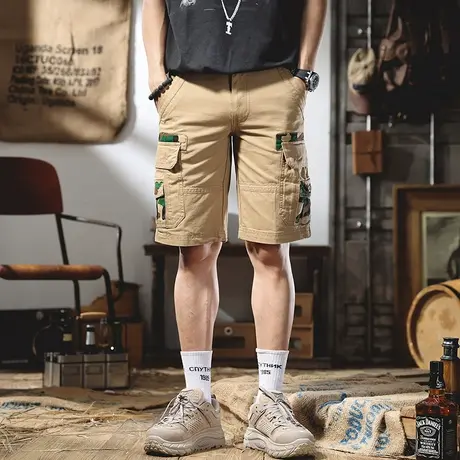 复古水洗迷彩拼接多口袋工装短裤男士休闲裤宽松直筒五分裤子男潮商品大图