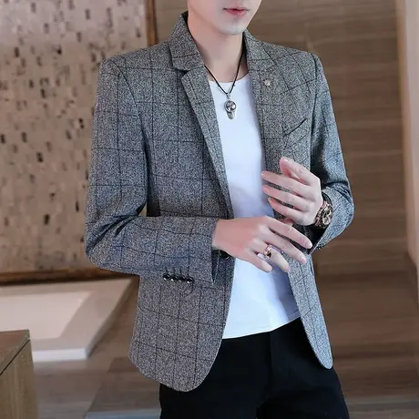 西服男春秋外套西装上衣潮流修身小西装休闲百搭外套条纹商务休闲商品大图