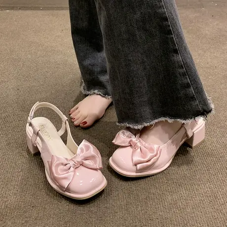 时尚包头凉鞋女夏仙女风2023年春新款蝴蝶结粗跟女鞋玛丽珍高跟鞋图片