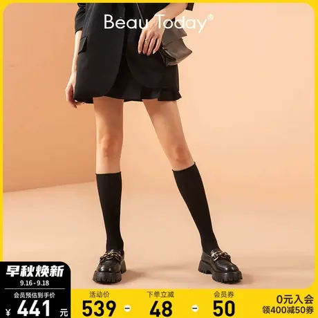 BeauToday秋冬加绒真皮法式厚底乐福鞋女鞋英伦风小皮鞋增高单鞋商品大图