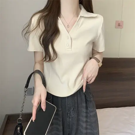 大码女装Polo领正肩T恤女短袖胖mm夏季甜辣美式翻领体恤上衣200斤商品大图