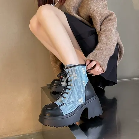 牛仔马丁靴女2023新款厚底秋冬靴子女粗跟高跟短靴复古西部牛仔靴图片