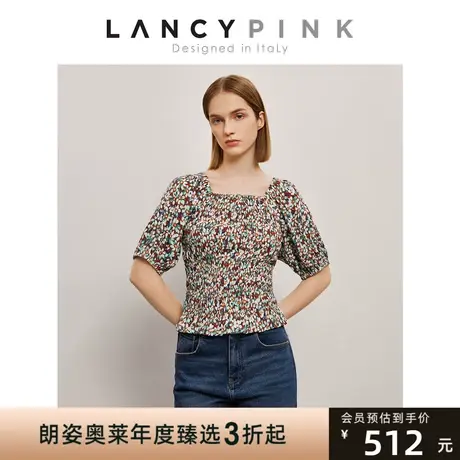 【意大利设计】朗姿复古碎花短款泡泡袖上衣衬衣女2023新款衬衫图片
