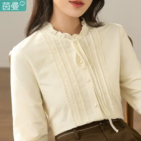 茵曼官方旗舰店纯棉蝴蝶结长袖衬衫女秋装2023年新款衬衣上衣立领商品大图