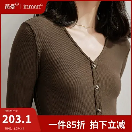 茵曼法式设计感不规则下摆T恤2024春季新款长袖打底内搭弹力上衣图片