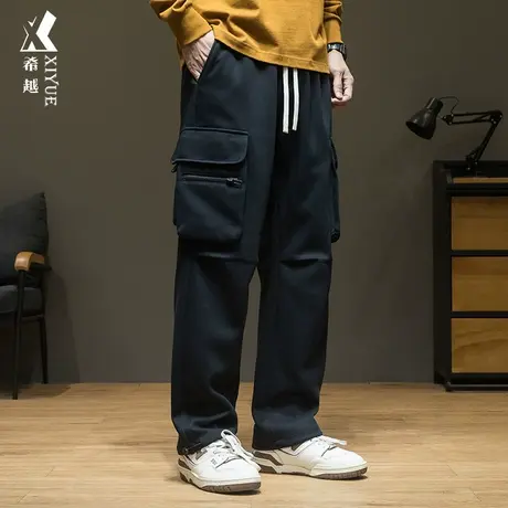 春秋针织休闲卫裤男拉链工装口袋直筒裤宽松大码胖子百搭加绒男裤图片