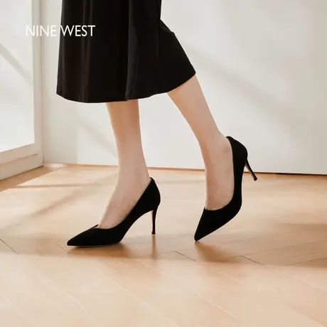 Nine West/玖熙明星同款黑色高跟鞋不累脚气质单鞋细跟职业尖头图片