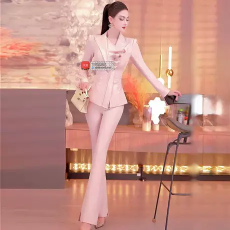 VJE春款花边领口西装微喇叭裤两件套2025春季名媛风气质减龄套装图片