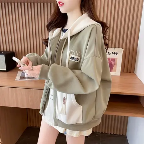 拉链外套女2024新款秋冬季韩版宽松加绒加厚百搭撞色重工开衫卫衣图片