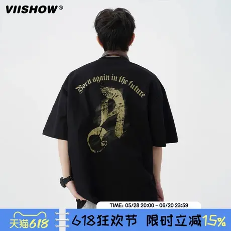 VIISHOW基础圆弧logo印花美式宽松短袖2025年夏季T恤男半袖体恤衫商品大图