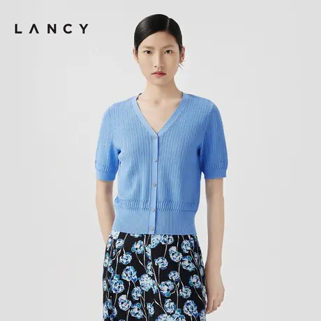 LANCY/朗姿2024夏季新款V领短袖针织衫女气质开衫肌理感短款上衣商品大图