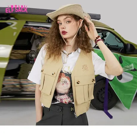 妖精的口袋咖色短款工装马甲背心女2023春秋季新款叠穿小个子外搭图片