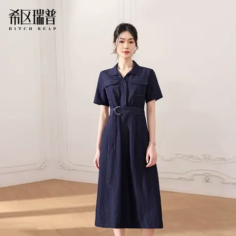 希区瑞普2025春夏新款法式复古牛仔短袖腰带长款连衣裙女高端商品大图