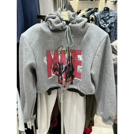 韩国东大门2023秋季新款美式复古字母印花宽松高腰短款连帽卫衣女商品大图