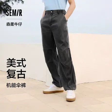 森柔牛仔|森马牛仔裤男复古宽松直筒裤子夏季长裤潮流伞兵裤黑XY图片
