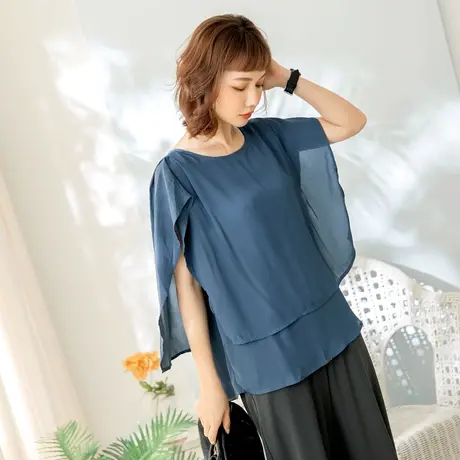 桔熊夏季浪漫雪纺衫假两件套飘逸荷叶袖上衣女大码AB15547图片