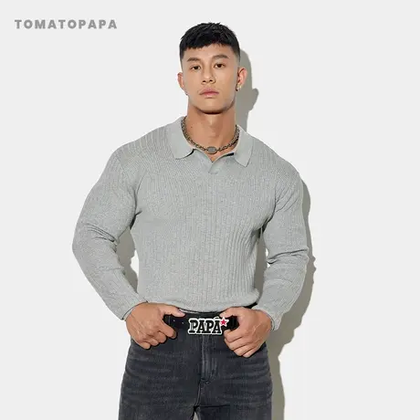 TOMATOPAPA秋冬毛衣2024新款翻领加厚POLO领针织衫保暖打底毛衫男商品大图