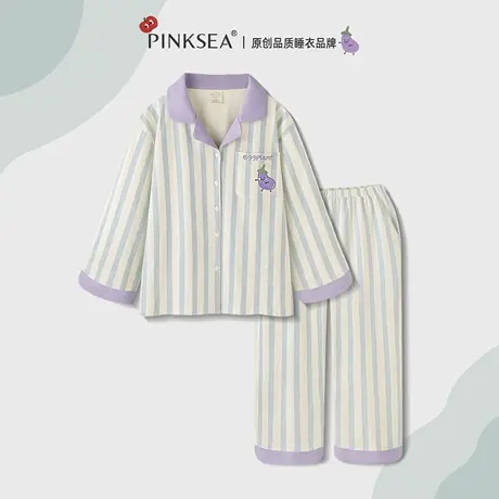 Pinksea纯棉睡衣女款长袖长裤秋季条纹卡通茄子可外穿家居服套装商品大图