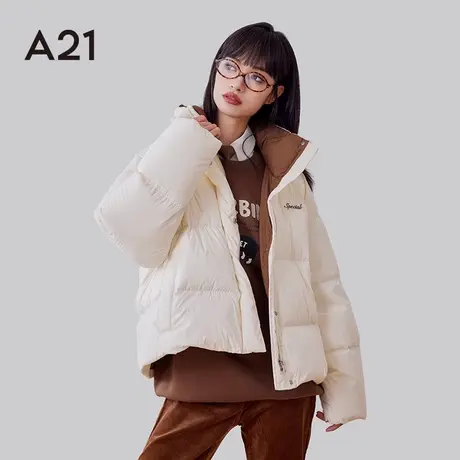A21女装梭织宽松立领落肩开胸厚羽绒加厚连帽面包服保暖羽绒服图片