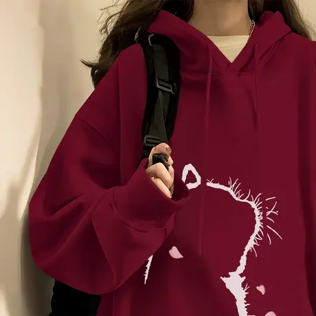 KV真维斯红色连帽卫衣女早秋2025新款百搭小个子慵懒风外套上衣女商品大图