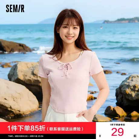 森马短袖T恤女短款假两件温柔正肩2024夏新款修身粉色上衣芭蕾风商品大图