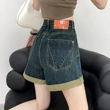 卷边牛仔短裤女2023年夏季薄款高腰a字宽松显瘦复古港味阔腿热裤商品大图