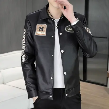 潮流翻领PU皮夹克男士痞帅刺绣机车骑行服春秋季休闲白色皮衣外套商品大图