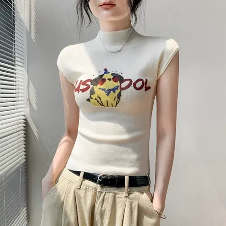 歌倍尚半高领印花无袖针织背心女秋季新款修身显瘦坎肩内搭打底衫商品大图