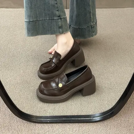 粗跟英伦风小皮鞋女2025秋季新款一脚蹬增高单鞋小个子高级乐福鞋商品大图