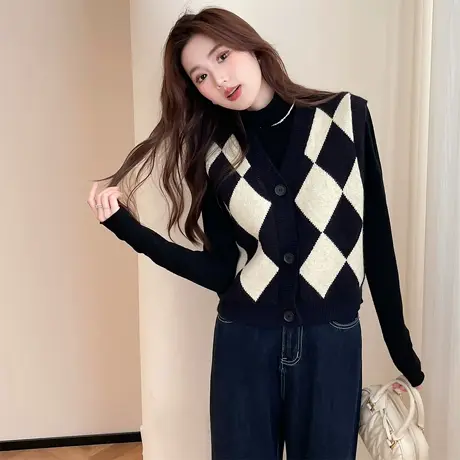 唐狮秋冬复毛衣女古菱格V领开衫马甲外穿高级感百搭女式上衣tu商品大图