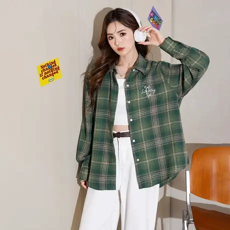 唐狮新款格子衬衫女长袖外套绿色磨毛翻领宽松前胸刺绣上衣blTM商品大图