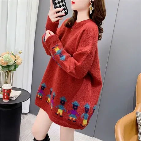 复古提花圣诞圆领毛衣女秋冬2022年新款宽松设计感加厚打底针织衫商品大图