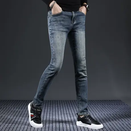 高级牛仔裤男2023新款秋冬款修身小脚裤水洗蓝色弹力休闲男士裤子图片