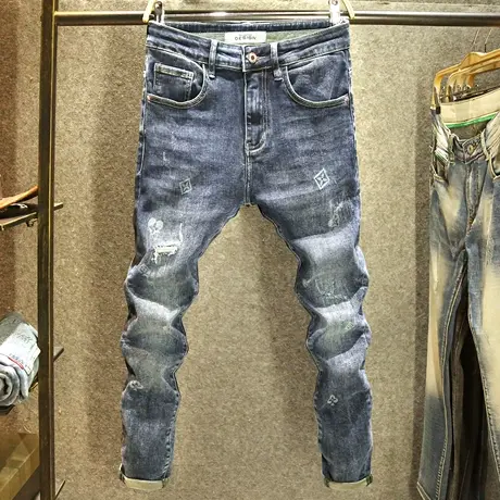 破洞刮烂秋冬款牛仔裤男修身小脚裤高端大牌印花潮牌帅气百搭裤子商品大图