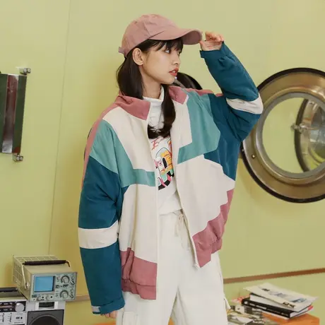 尔给ulzzang撞色拼接立领原宿风外套女bf宽松2019新款潮秋冬厚款图片