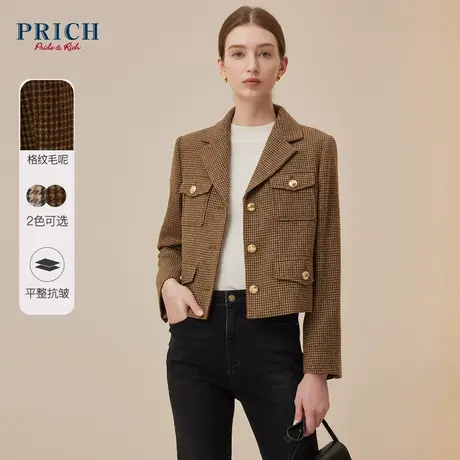 【绵羊毛】PRICH2023秋冬新款复古格纹短款小香风通勤西装外套女商品大图