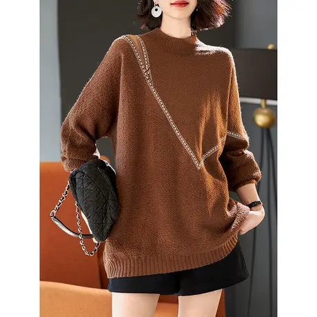 宝诗黎半高领烫钻亮丝毛衣女新款2023年秋冬季长袖宽松纯色针织衫图片