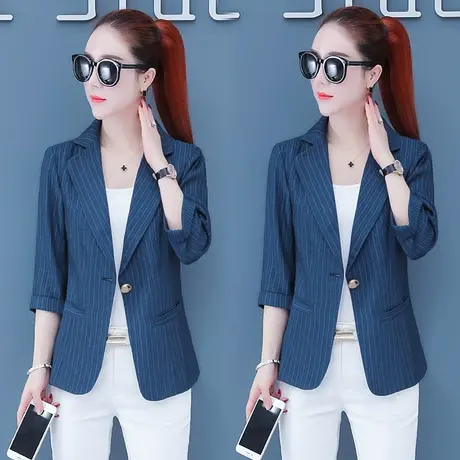 薄款条纹女西装七分袖薄外套2023秋装新款休闲气质韩版女西服显瘦商品大图