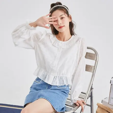 唐狮白色衬衫女春夏款镂空娃娃领长袖衬衫甜美百搭短衬衫上衣商品大图
