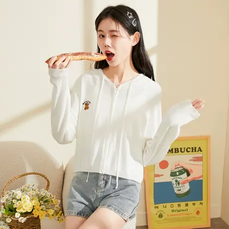 唐狮春秋季长袖白色连帽开衫毛线衫女短款时髦针织上衣设计感图片