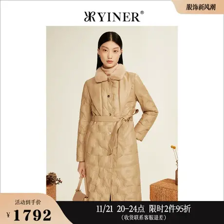 YINER音儿线上专选女装冬季毛领真皮字母压纹白鸭绒羽绒服高级感商品大图