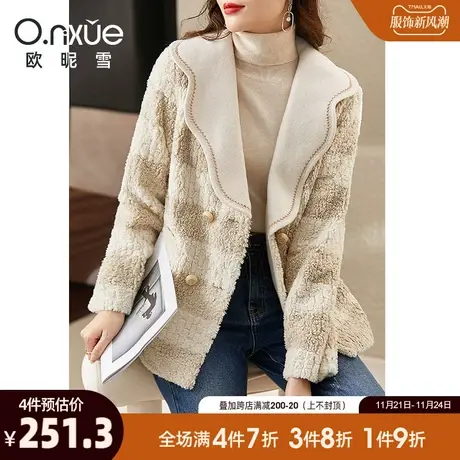 欧昵雪2023冬季新款加厚保暖呢子翻领羊羔绒短外套女长袖直筒显瘦商品大图